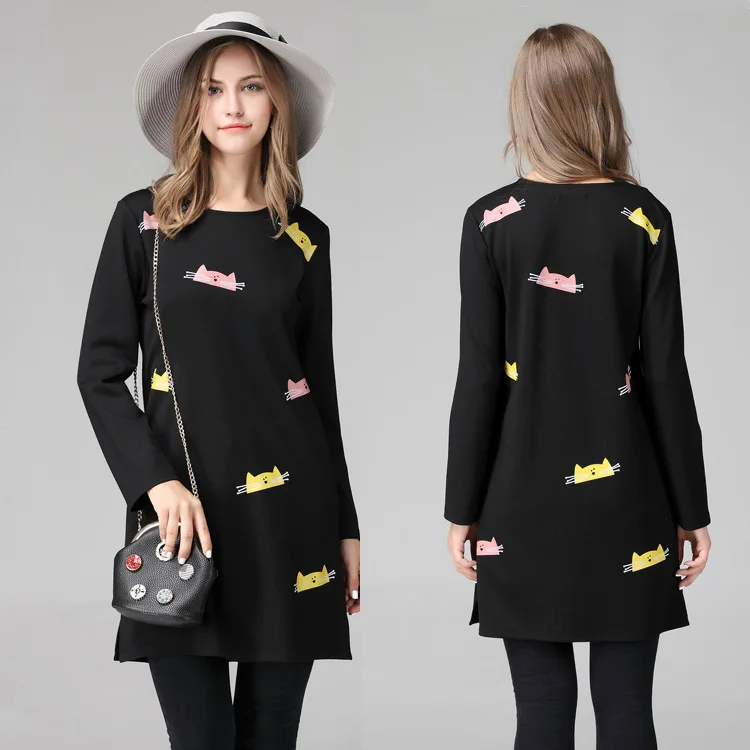 Женское платье с длинным рукавом и рисунком кота осеннее большого размера|dress
