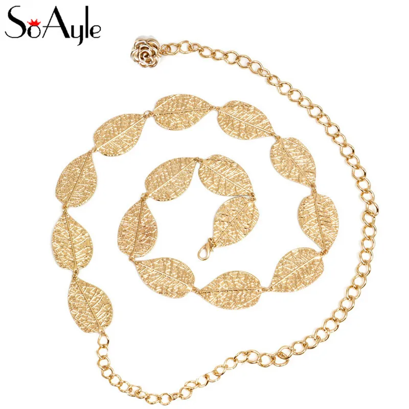 

SoAyle Gold Belt Leaf Jewelry Accessories Metal Wedding Belt Stretch Women's Waist Decoration