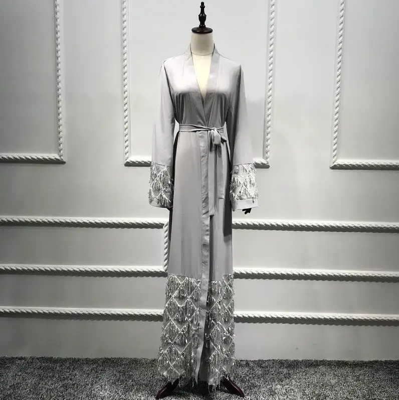 gray dress Vestidos мусульманское кимоно с блестками абайя хиджаб платье кафтан халат джеллаба Дубайский кафтан молитва одежда Оман турецкая исламская одежда - Цвет: gray dress