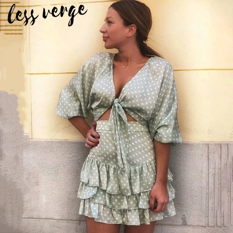 Lessverge многослойная мини-юбка с узором в горошек зеленая короткая трапециевидная