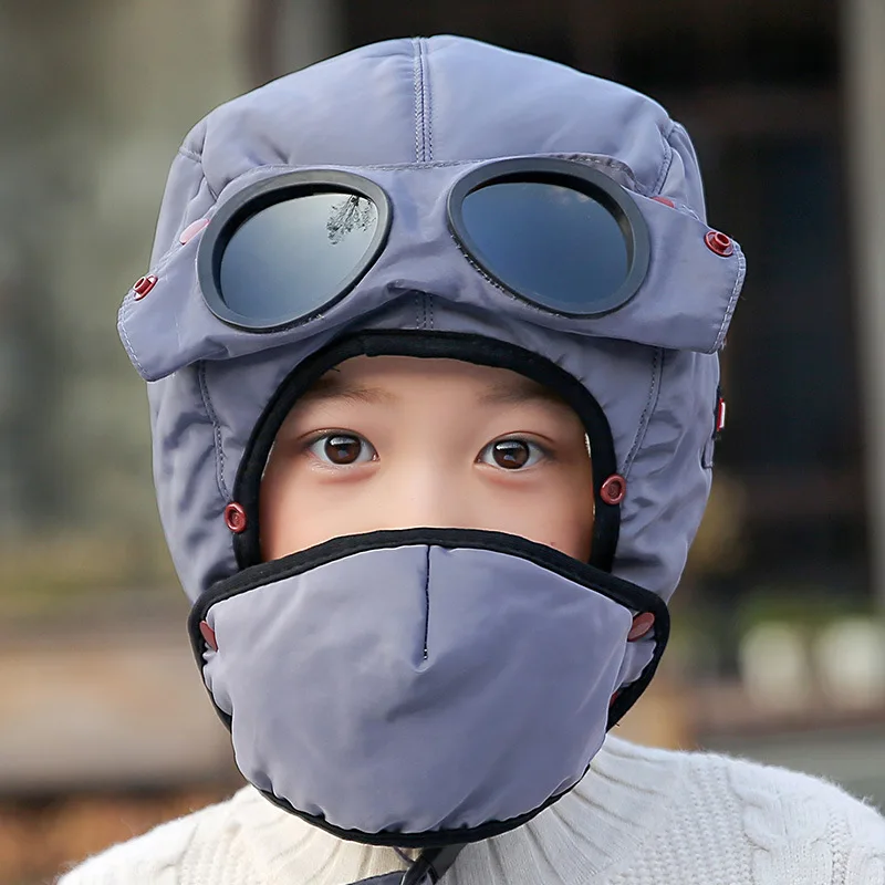 gray kids Новые зимние шапки для детей Skullies Beanies, вязаные бархатные шапки для маленьких детей, модные солнцезащитные очки для мальчиков и девочек, теплая шапка унисекс - Цвет: gray kids