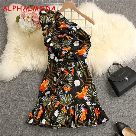 black leaf ALPHALMODA, весна, женские стильные вечерние платья, на одно плечо, с оборками, с цветочным рисунком, очаровательные, тянущиеся, Vestidos, облегающее, мини, летнее платье - Цвет: black leaf