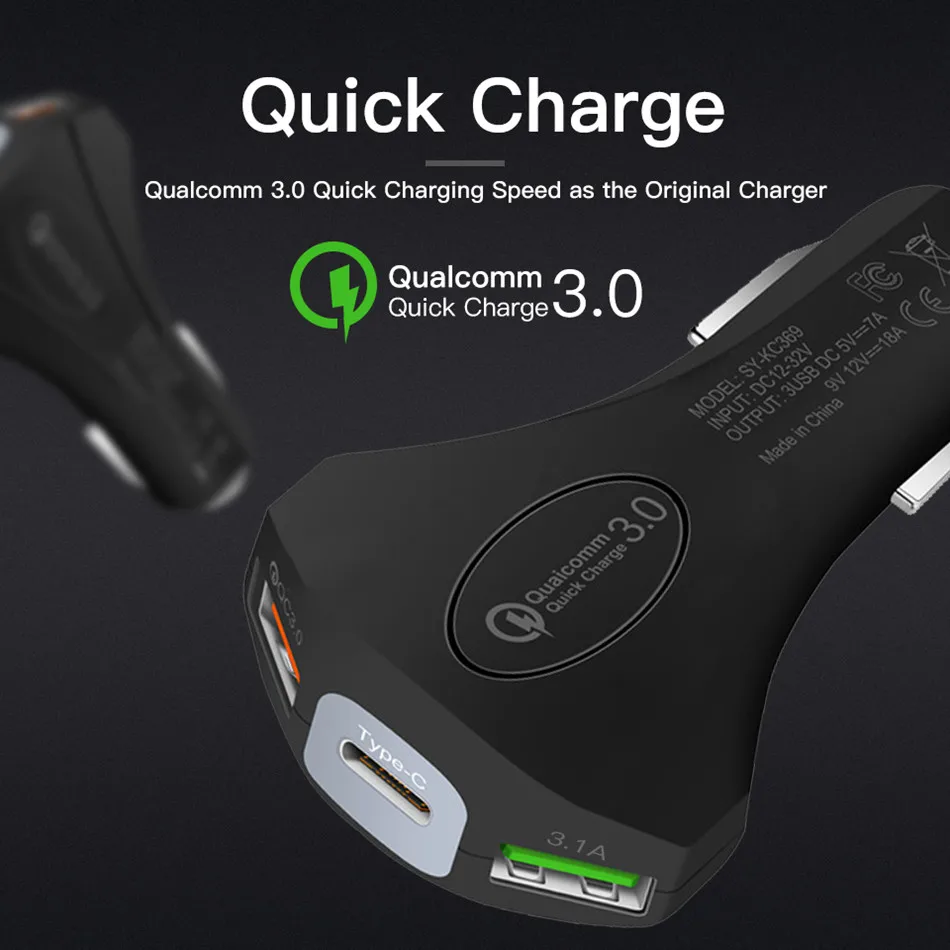 USB Car Charger Quick Charge QC 3.0 Fast Charging Adapter Dual USB Car-Charger For iphone Micro USB Type C Cable Phone Chargers