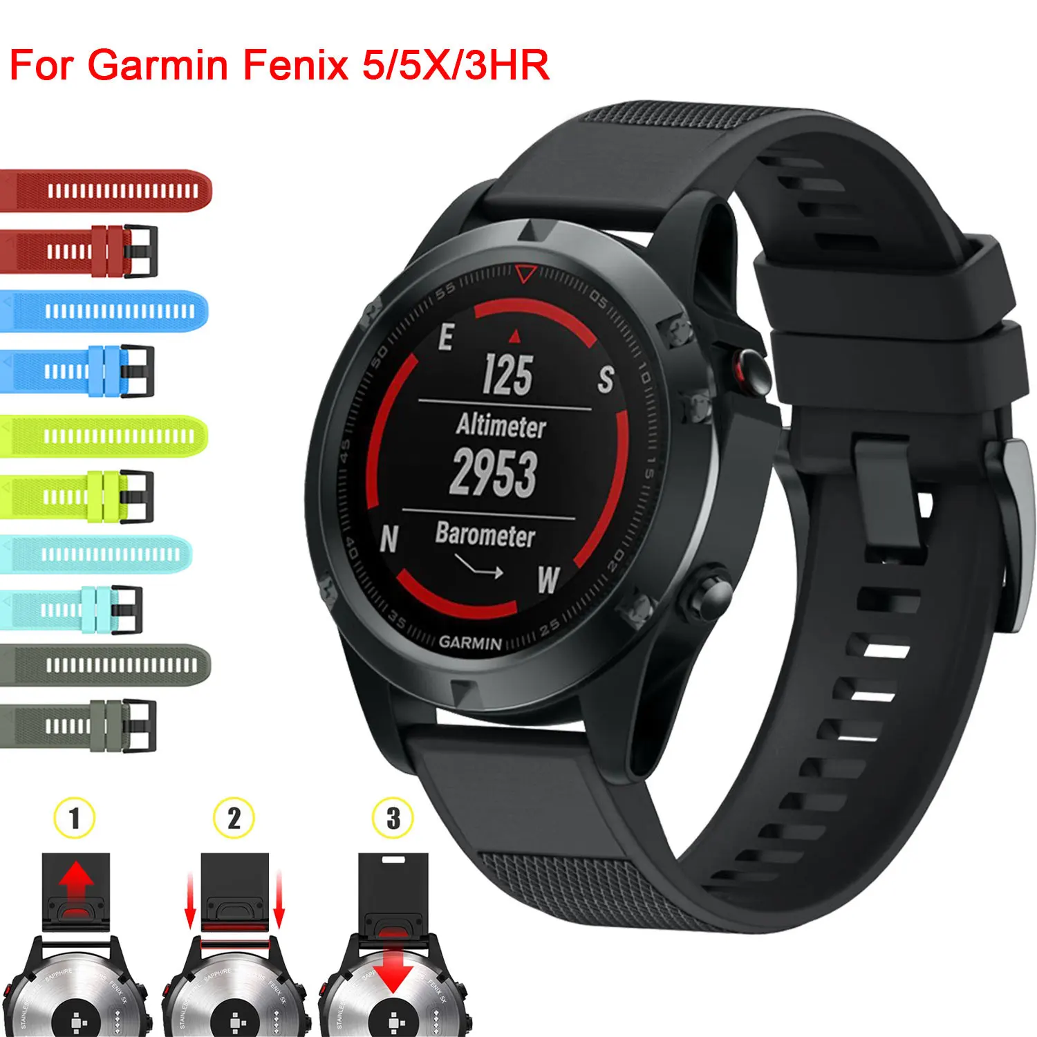 Ремешок силиконовый спортивный для Garmin Fenix 5X 5 3 3HR D2 быстросъемный мягкий браслет