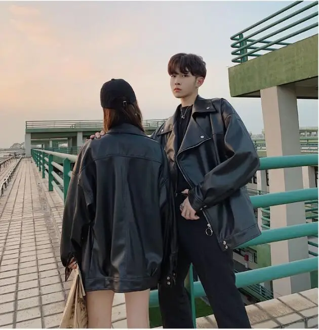 S-XL!Spring and autumn new men's lapel zipper motorcycle leather jacket hip hop couple loose shoulder jacket