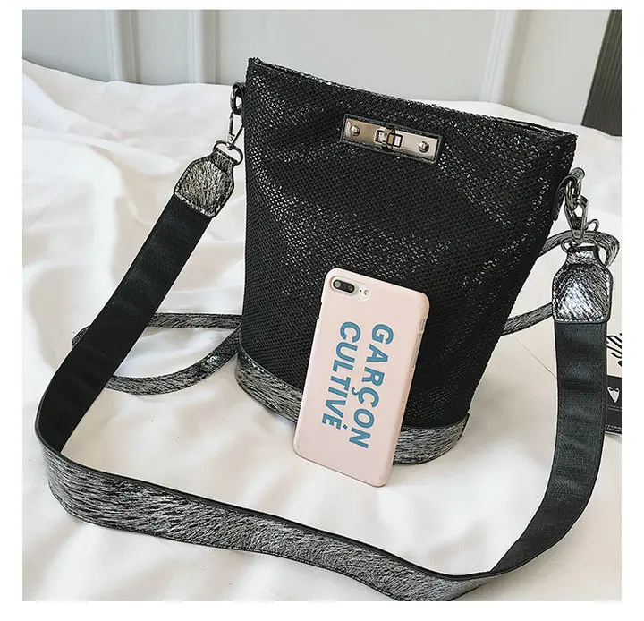 Fashion Luxurious female Korean Sequin Bling Black Bag shoulder Bucket bag Designer Ladies Crossbody Messenger Bags B42-29