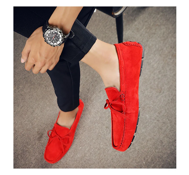 ALCUBIEREE New Arrived Fashion Solid Loafers Men Bowtie Lazy Shoes Suede Leather Moccasins Comfort Handmade Boat Smoking Shoes