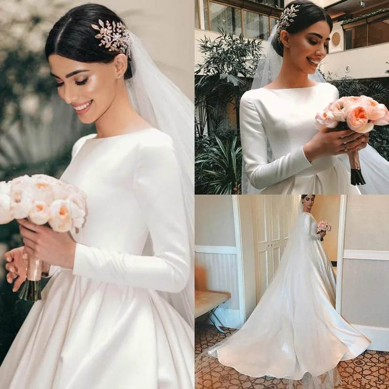 Женское атласное свадебное платье элегантное пляжное с длинным рукавом