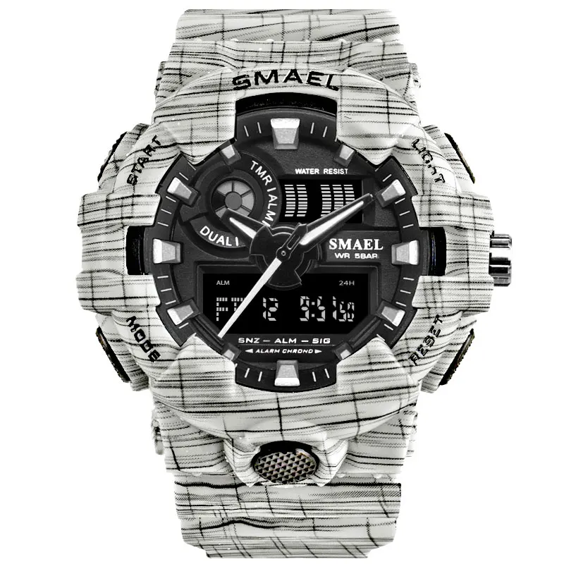 White Для мужчин часы белый Dual Time SMAEL Спорт Часы Будильник 8001 Военная Униформа армии наручные часы водонепроницаемые мужские часы relogio masculino - Цвет: White