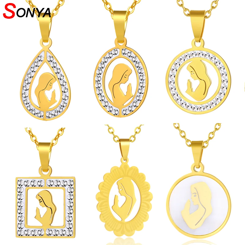 SONYA трендовый медальон Дева Мария& ожерелье для женщин 316L нержавеющая сталь Золото Цвет руки, сложенные для молитвы колье, бижутерия, украшение