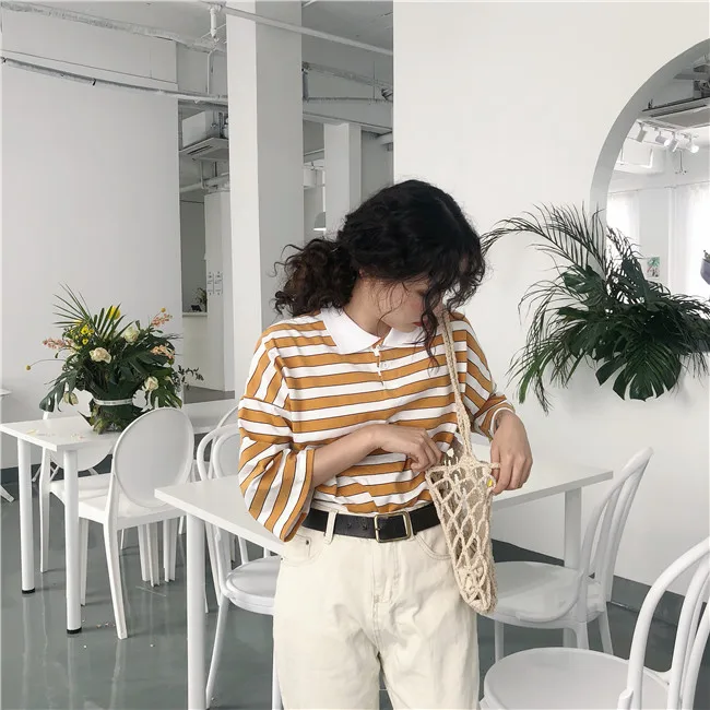 Ulzzang, летняя, с коротким рукавом, с отложным воротником, женская, большой размер, в полоску, свободная, новая, Harajuku, половина, винтажная, хлопковая футболка, топы