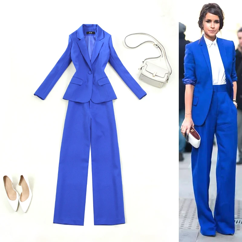 Fashion temperament women's suit spring and autumn new OL wind treasure blue Slim one button suit + wide leg trousers two sets