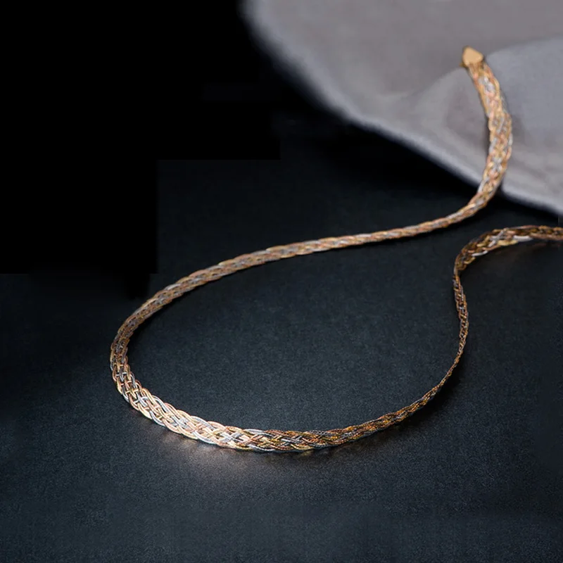 ?? ネックレス女性男性ユニセックス 18 24k ピュアゴールドウィービングチェーンフラットワイドチェーンニットチェーンネックレスチョーカーヴィンテージ Collares Mujer