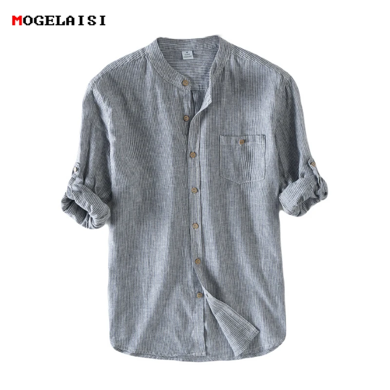 Рубашка Мужская льняная в полоску с воротником стойкой и длинными рукавами|asian