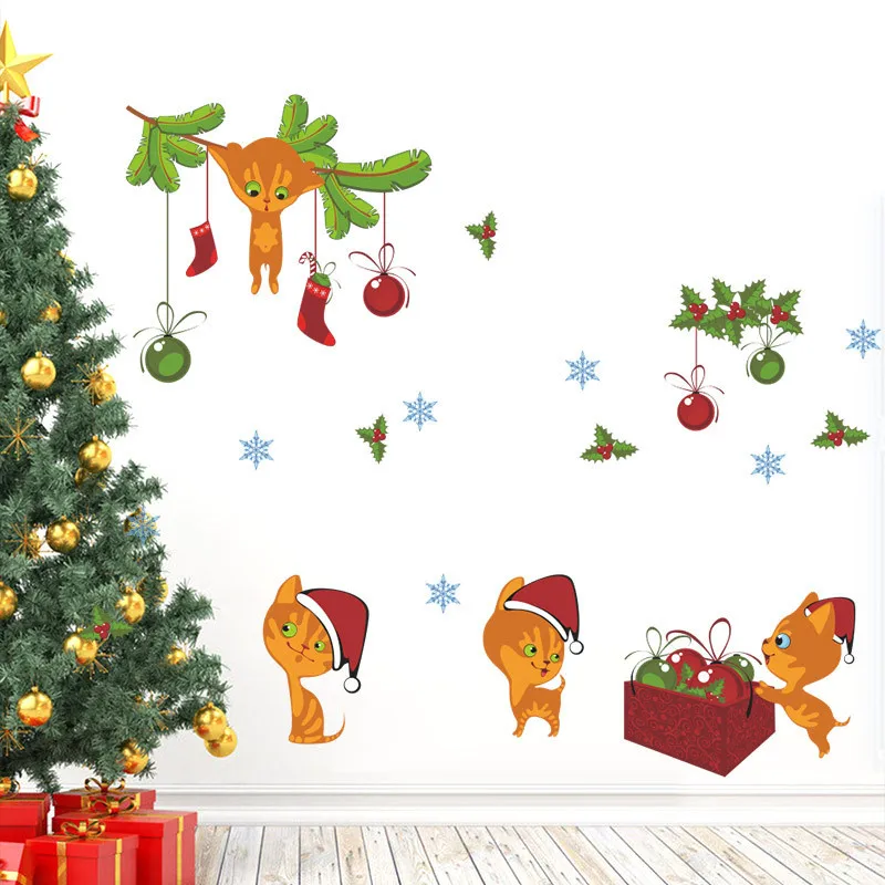 Рождественский Кот колокольчик снежинка наклейки на стену спальни окно магазина