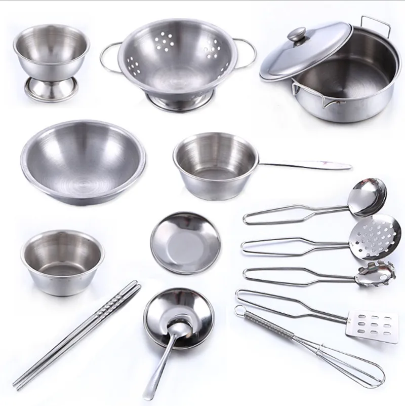16Pcs No box 16 шт. Кухонные Игрушки из нержавеющей стали для ролевых игр, мини-модель кухонной утвари, кухонные игрушки для детей, сковорода Brinquedo - Цвет: 16Pcs No box