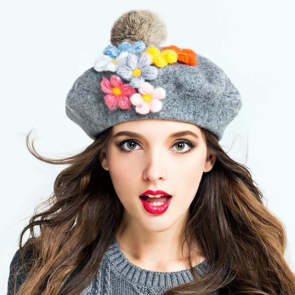Зимний Теплый женский топ из 100% шерсти меховая шапка берет с помпонами Для Laday