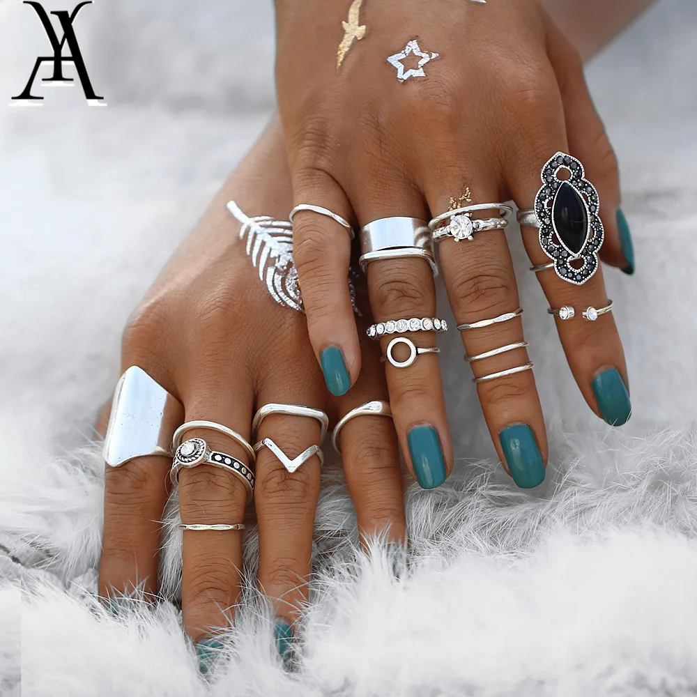 AY винтажный набор колец миди с черным камнем для женщин богемное античное