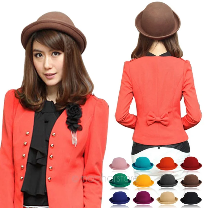 2018 Модный Цветной женский однотонный войлочный котелок и Дерби шерстяная