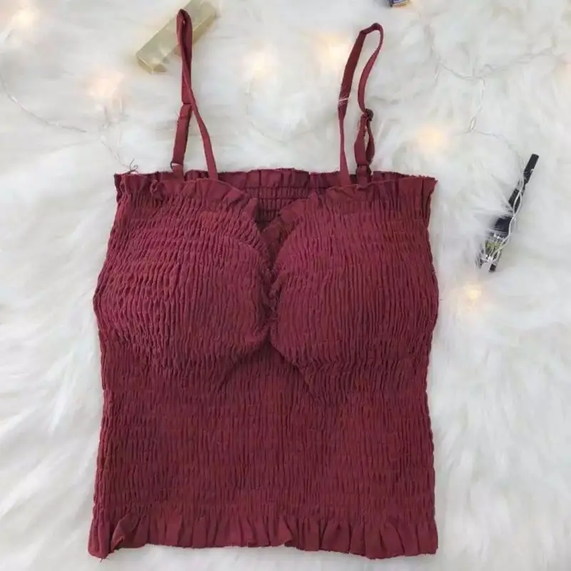 Узкие укороченные топы Low-cut Для женщин пикантная короткая женская ночная кофта Для женщин укороченные топы с оборками встроенный лифчик топики с мягкими чашечками