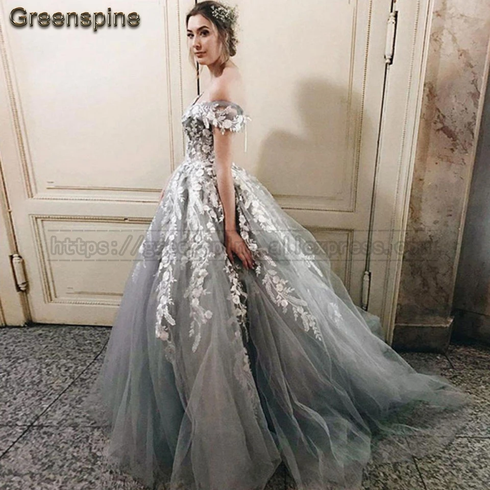 Женское вечернее платье с открытыми плечами Abendkleid серое длинное винтажное