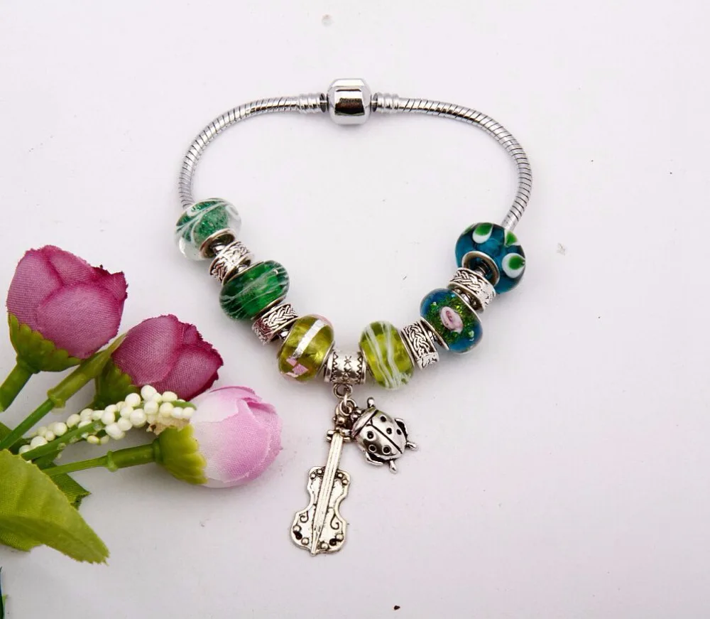 Горячая Ретро Серебряная скрипка и подвеска в виде божьей коровки модные