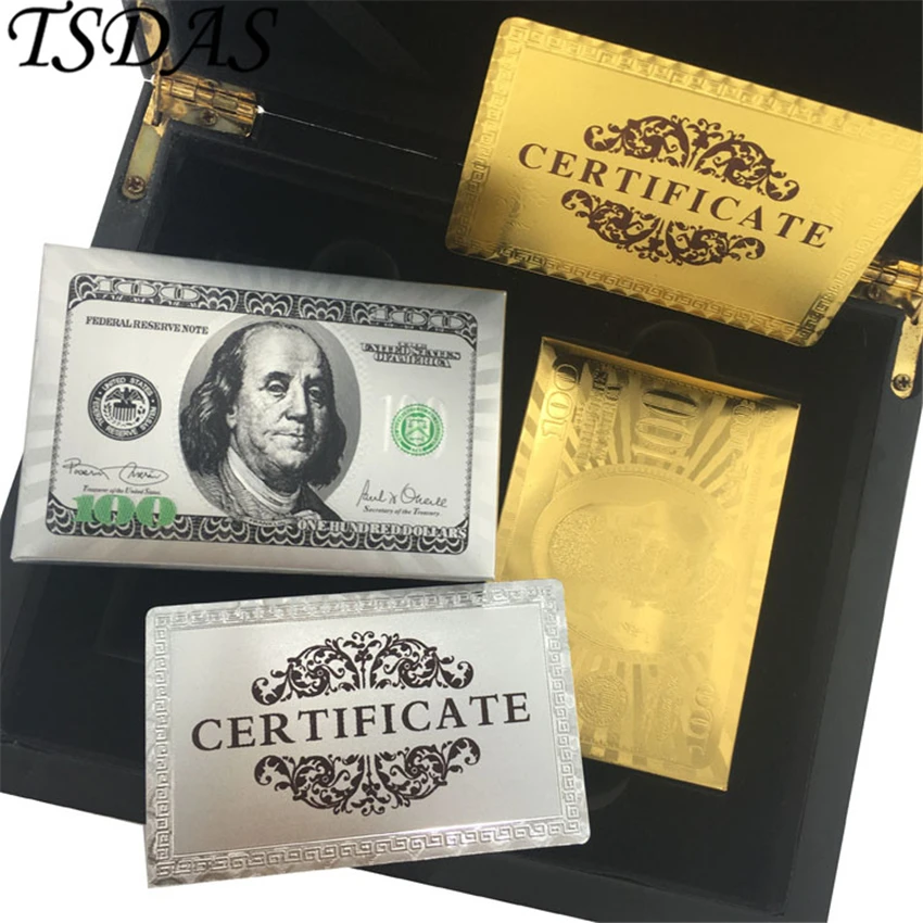 

100 Dollar Gold & Silver Playing Cards with Black Poker Collection Wooden Box Set Best Gift For The Card Player