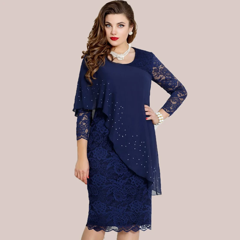 4xl 5xl oversized Dress Blue Green frocks 3/4 sleeve lace cape patchwork evening party dress Plus Size Dresses For Women 4XL 5XL