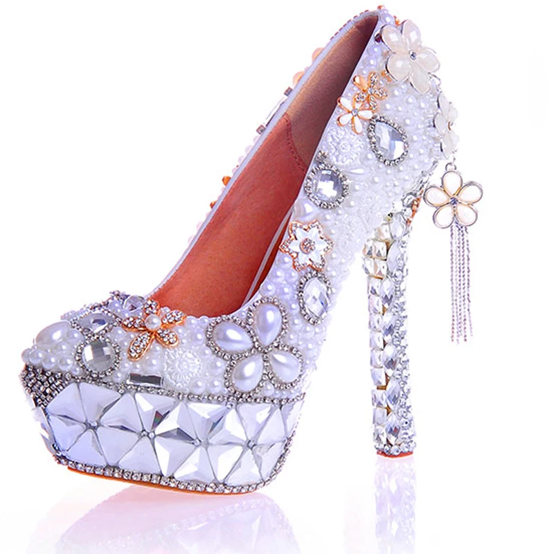 

Women Wedding Pearl Shoes Tassel Flower Appliques Pumps White Round Toe Bride High Heels Lady Platform Rhinestone Party Shoe