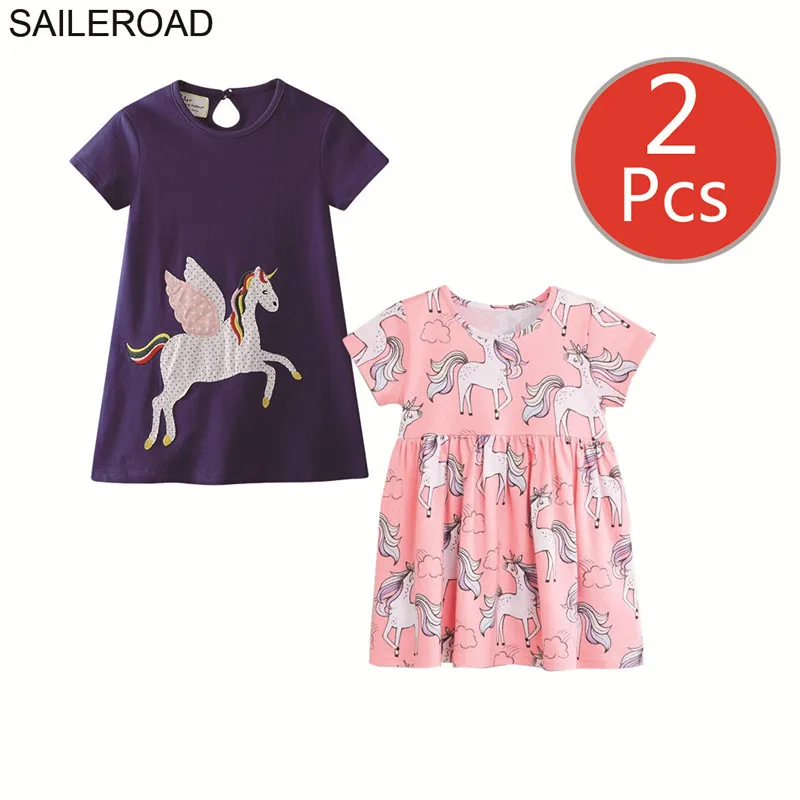SAILEROAD 2 Шт. Слон Попугай Девочки Одежда Vestidos Летние Детские Платья для Девочек Карманный Костюм Животных Цветочная Одежда