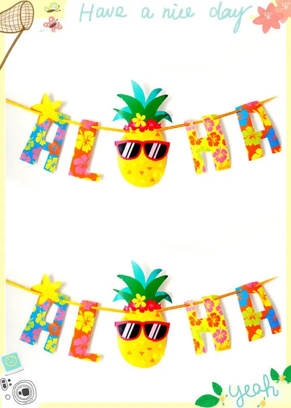 

ZLJQ Aloha Pineapple Hanging Flags Paper Garland Flag Banners Birthday/ Wedding Christmas Decoration Bachelorette Party Decor