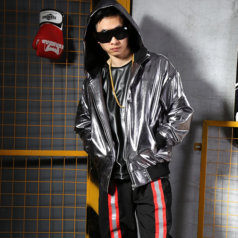 

M-5XL! Plus-size stage costumes Night club bar costumes silver gray cool hat jacket stage costumes.