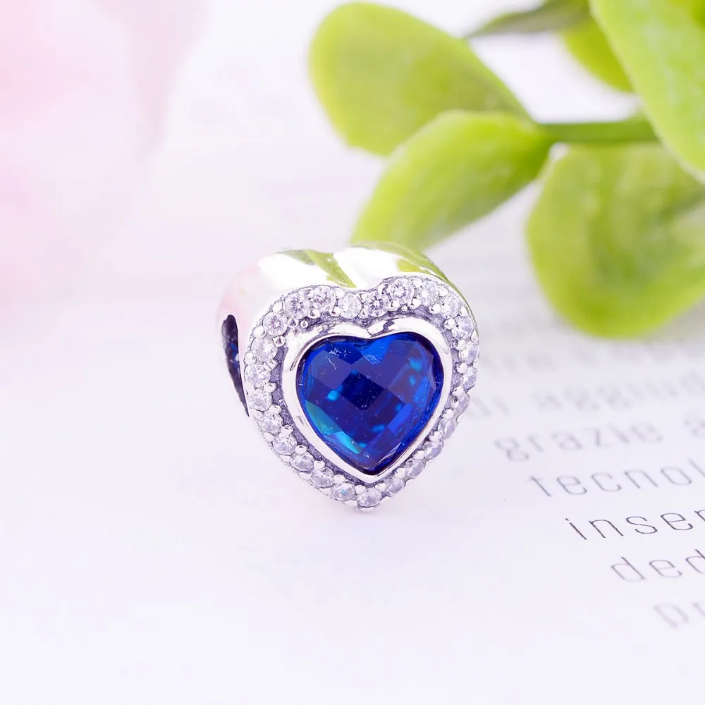 925 пробы серебряные сверкающие Любовь Шарм, CZ& синий кристалл подходят Pandora оберег бусины для браслета для женщин ювелирные изделия Berloque