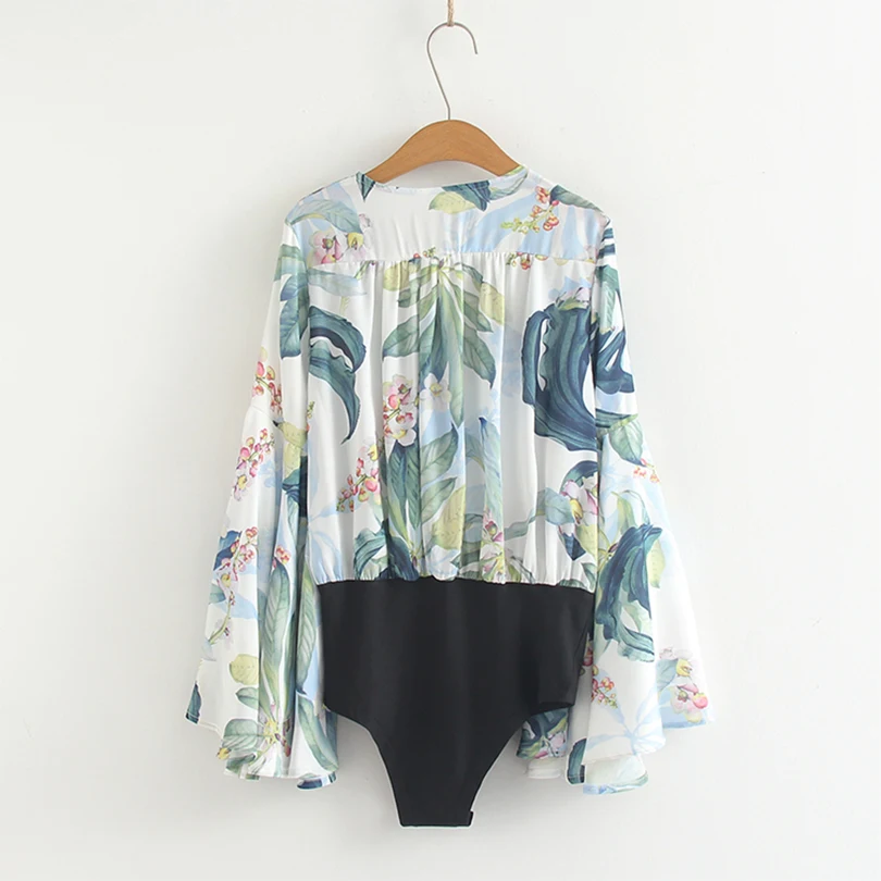Arvinxia Sexy Hot Sales Ruffles Deep V Neck Woman Bodysuits Chic Flare Sleeves Women Rompers Fashion Floral Print Lady Jumpsuits | Женская