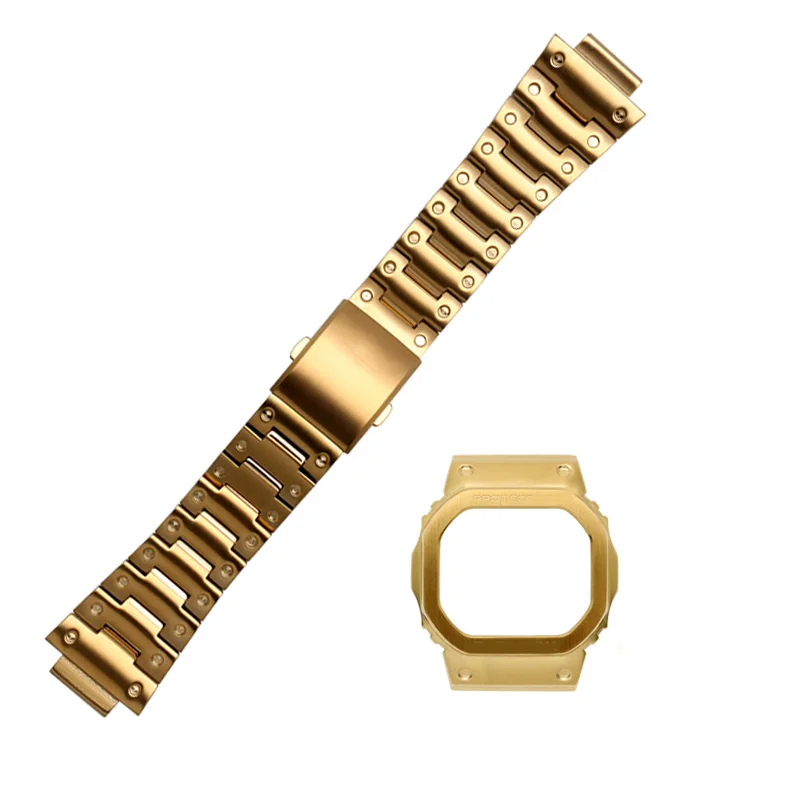 Ремешок из нержавеющей стали для casio GW-M5610 DW5600 GW-5000 DW-5030 G-5600 ремешок для наручных часов и рамка чехол прочный металлический браслет - Цвет ремешка: gold frame and band