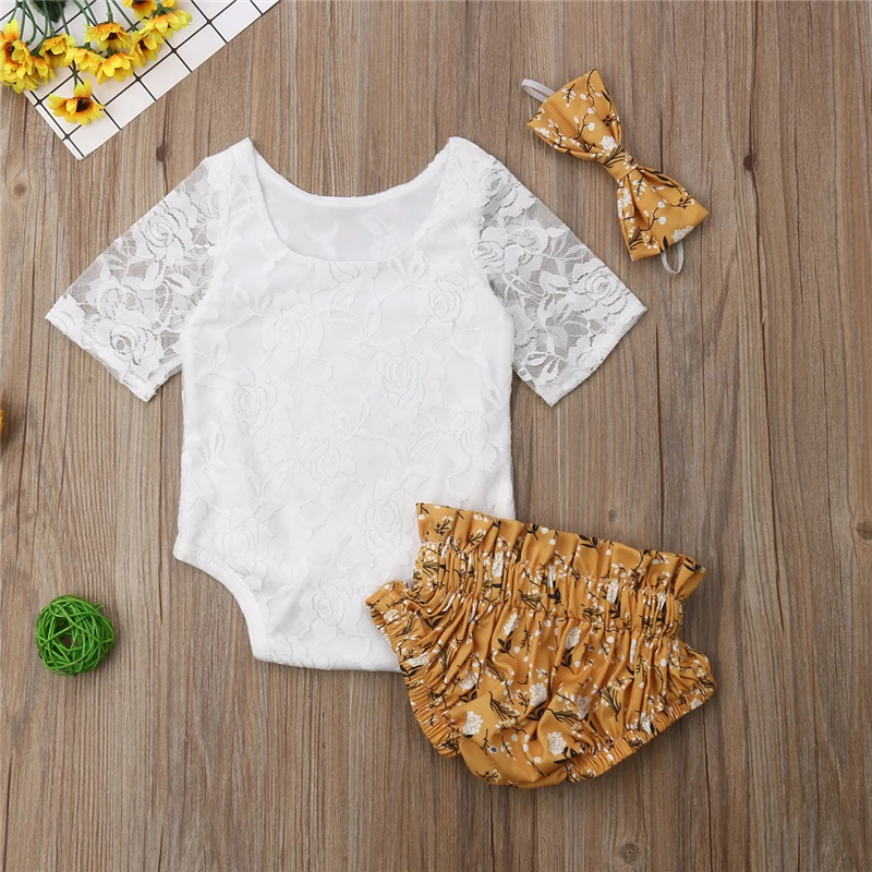 3 шт Одежда для маленьких девочек модный комплект с коротким рукавом кружевной