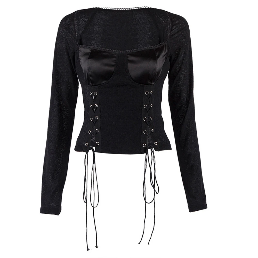 Sexy Low-cut Lace Up Black White Long Sleeve Crop Tops Elegant Soft Base Shirt Wild Vintage Slim T-shirt | Женская одежда