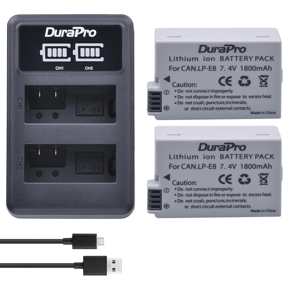 

Durapro 2pc Battery For Canon LP-E8 LP E8 LPE8 Li-ion Batteries + LED Dual USB Charger For Canon EOS 550D 600D 650D 700D Camera