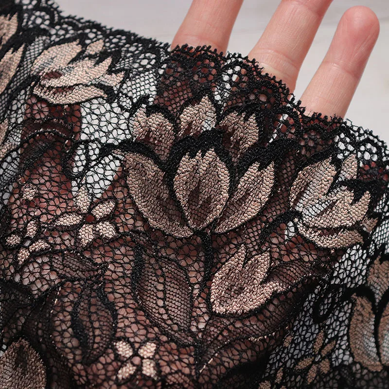 

17.5cm Wide Apparel Black Gold Elastic Stretch Lace Trim Ribbon Sewing Lace Fabrics Underwear Garment Clothes Bra Accessories
