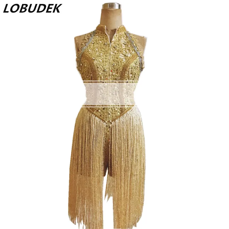 

Customized Female Gold Tassels Bodysuit Sparkly Sequins Pearls Jumpsuits Nightclub DJ Singer Stage Wear Bar Concert Show Costume