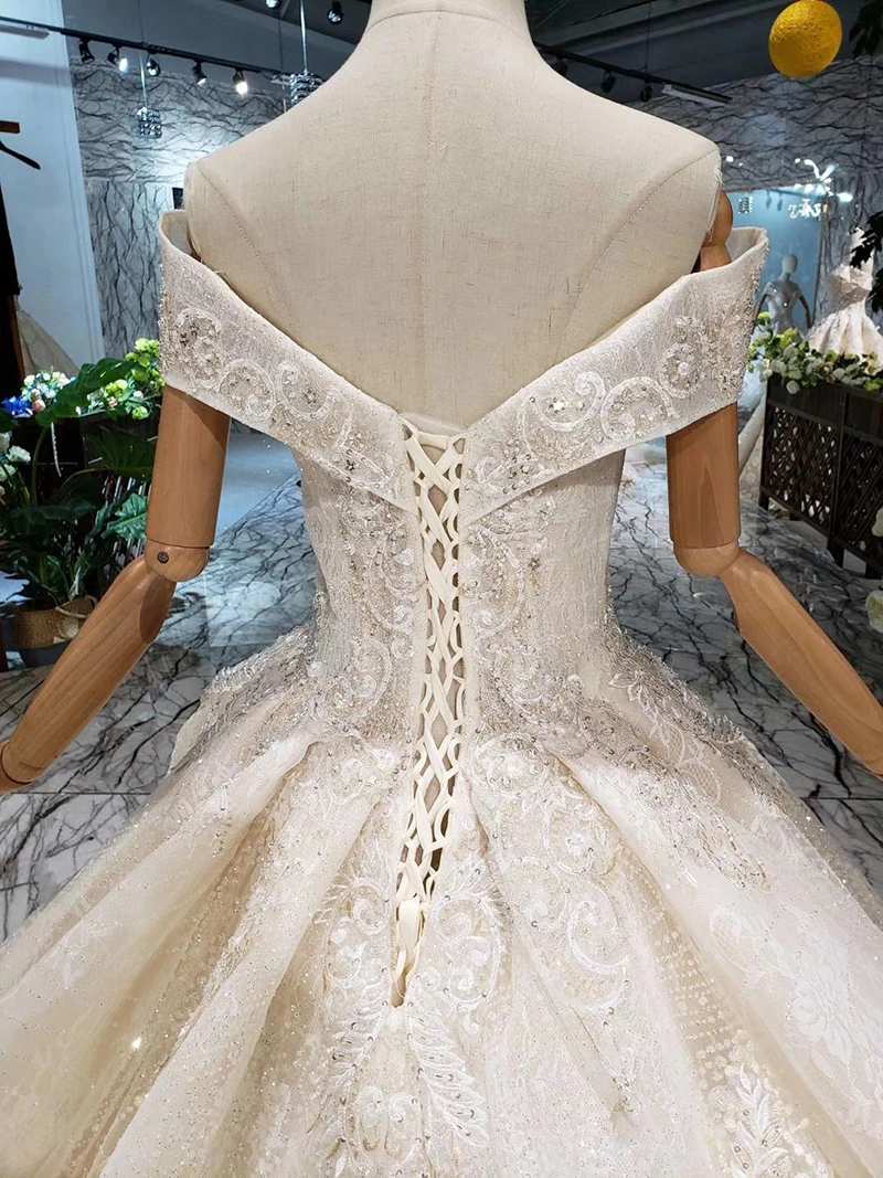 

HTL271-2 sexy off the shoulder Wedding Dress with train handmade beaded sweetheart long bridal dress