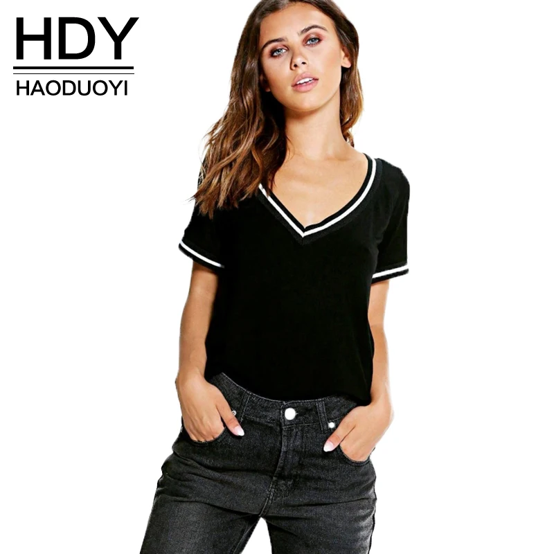 HDY Haoduoyi 2019 Повседневная женская футболка с v образным вырезом Трикотажная хлопок