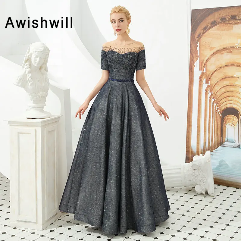 

Modest Long Evening Dress A-line Beadings Floor Length Short Sleeve Formal Dress Party Gowns Lace-up Back Vestido de Festa Longo