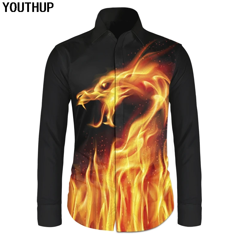 

YOUTHUP 2020 Spring Shirts Men 3D Print Fire Dragon Slim Fit Shirts Casual Hip Hop Cool Shirt Long Sleeve Men Blouse Streetwear