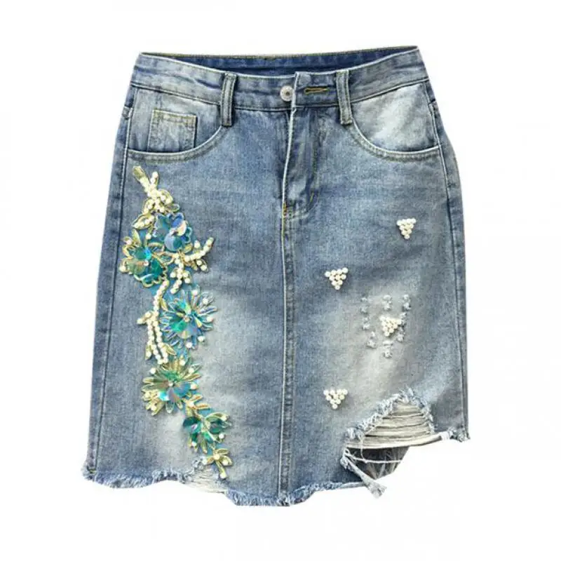 

Summer Casual Women Glitter Flower Ripped Hole Embroidery Irregular Denim Skirt , High Waisted Tassel Jeans Skirts For Woman