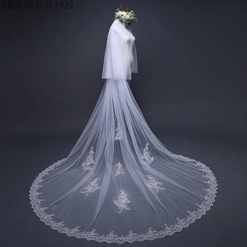 

2022 New 3.8 Meters One Layer Lace Tulle Long Wedding Veil New White Ivory 3.8 M Bridal Veil with Comb Velos De Novia