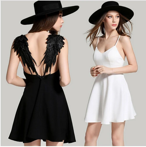 Женское платье с открытой спиной SMTHMA черно белое кружевное трапециевидной формы