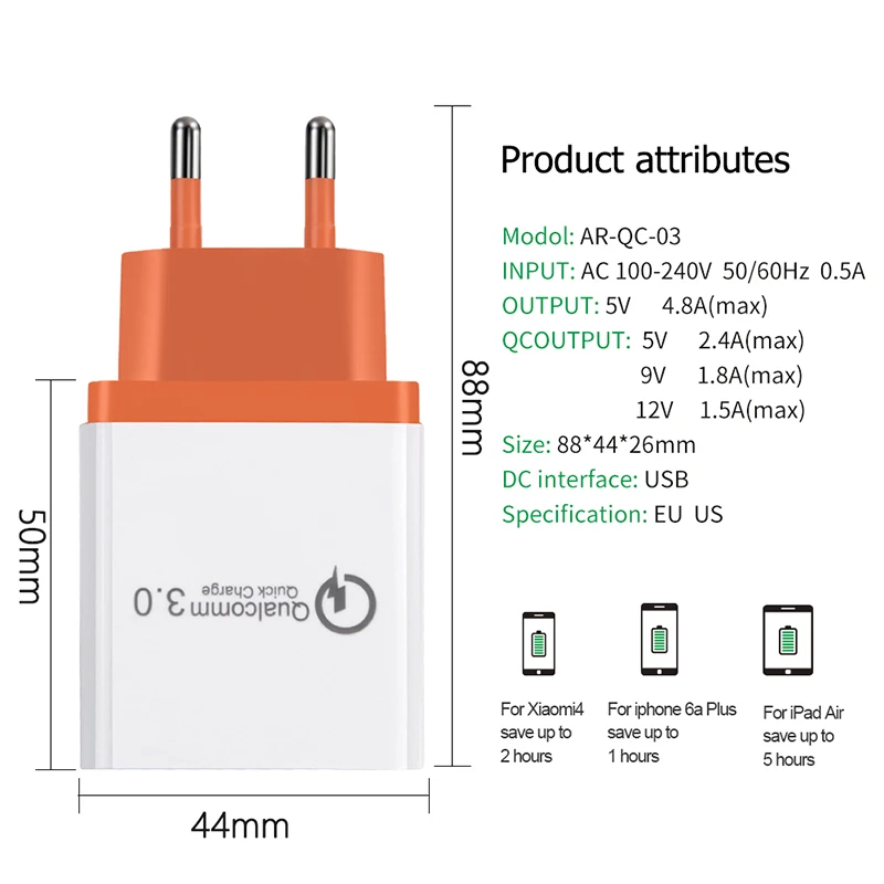 Мобильный телефон с 3 портами USB быстрая зарядка QC 0 настенное зарядное устройство
