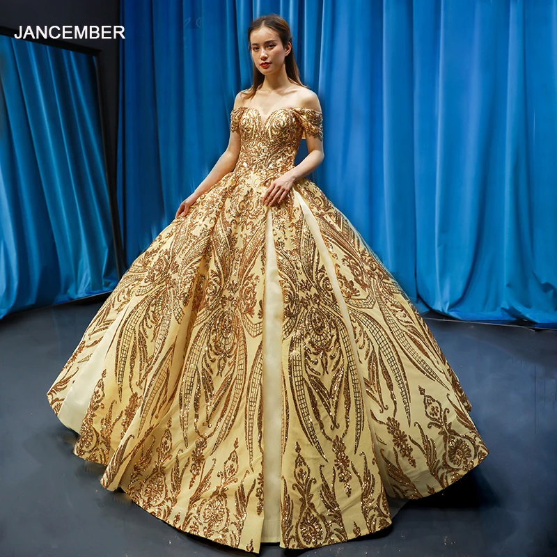 J66709 janceber золотые платья Quinceanera с v образным вырезом и открытыми плечами расшитые