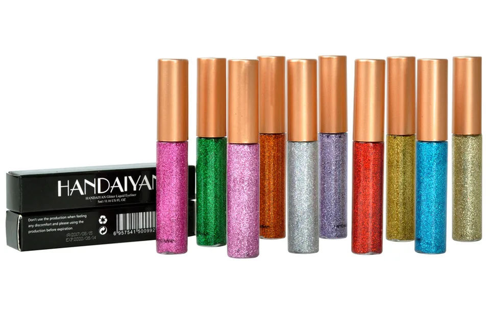 Long-lasting HANDAIYAN liquid eyeliner cosmetics glitter pressed powder 10 colors available comes with retail box each 48pcs/lot